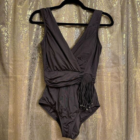 Badgley Mischka Dark Brown Beaded Tassel Surplice One Piece Swimsuit 8 - Picture 1 of 7